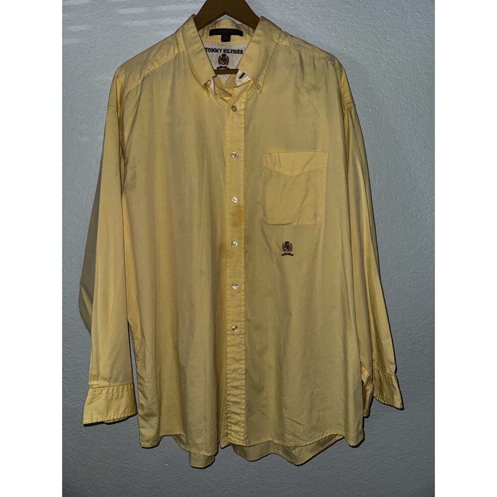 Vintage Tommy Hilfiger Shirt Mens XL Yellow Oxford Crest Logo Preppy